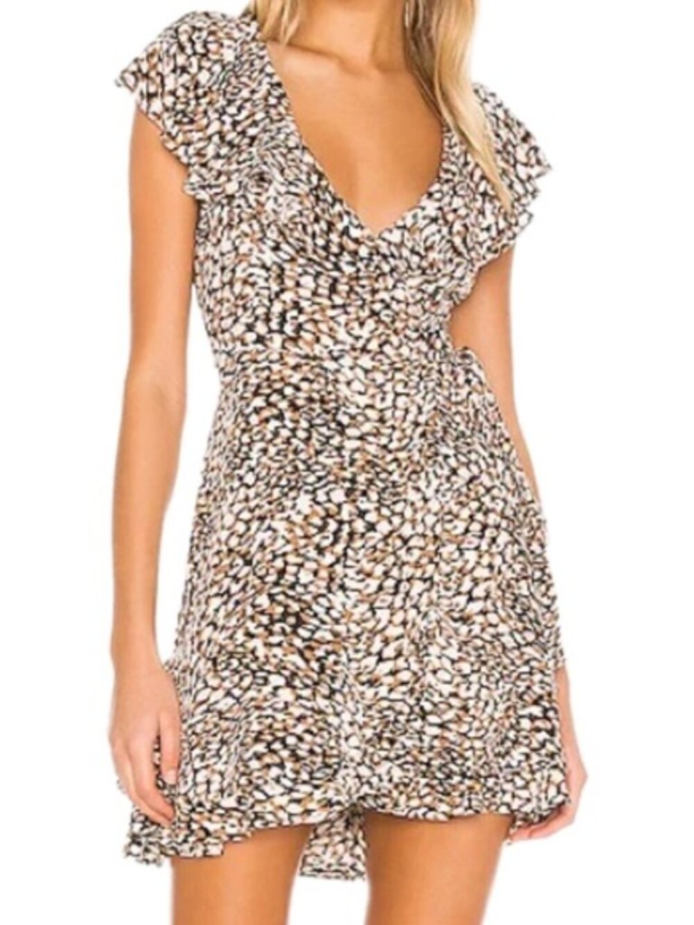Free People French Quarter Wrap Mini Dress Jet Combo Leopard Print Ruffle Size S